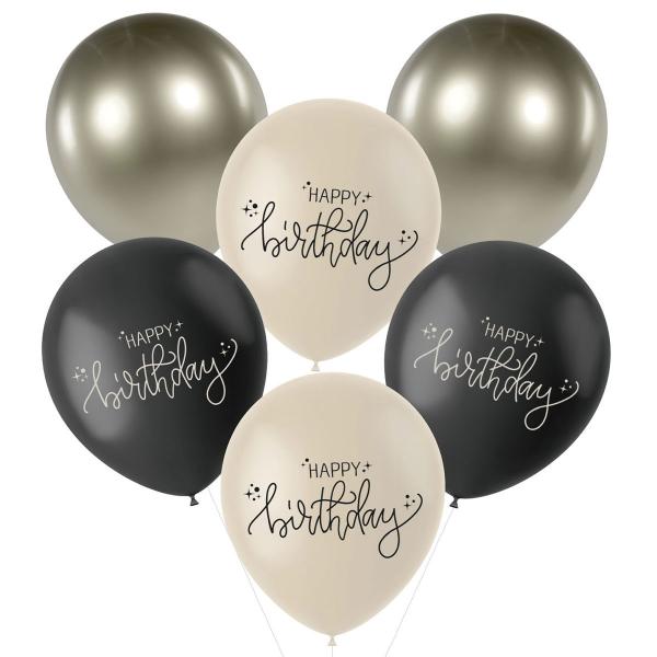 Latexballonger Happy Birthday Svart/Olivgrn/Krmvit 6-pack