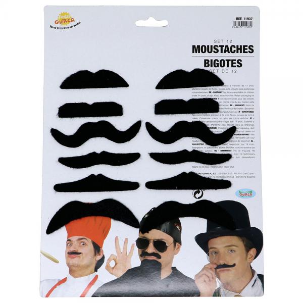 Svarta Maskerad Mustascher 12-pack