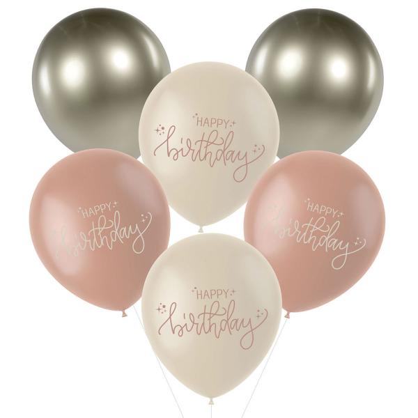 Latexballonger Happy Birthday Krmrosa/Olivgrn/Krmvit 6-pack