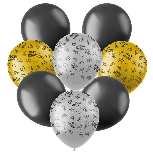 Latexballonger Happy Birthday Svart/Silver/Guld 8-pack