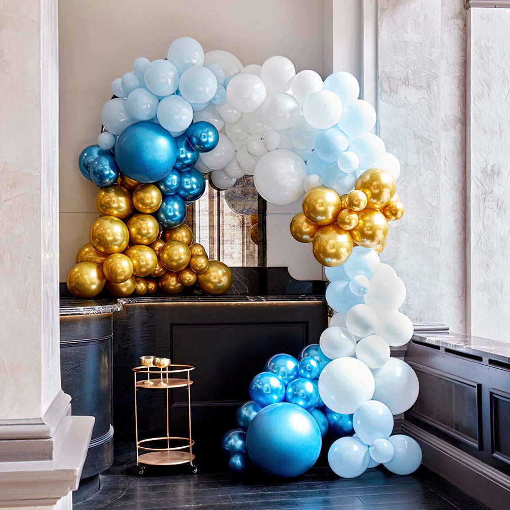 Stor Ballongbåge Kit Blå/Guld/Vit | Festartiklar//Dekoration//Ballonger//Latexballonger//Baby Shower//KALASTEMAN//Baby Shower Dekoration//Ballongbågar | PartyOutlet