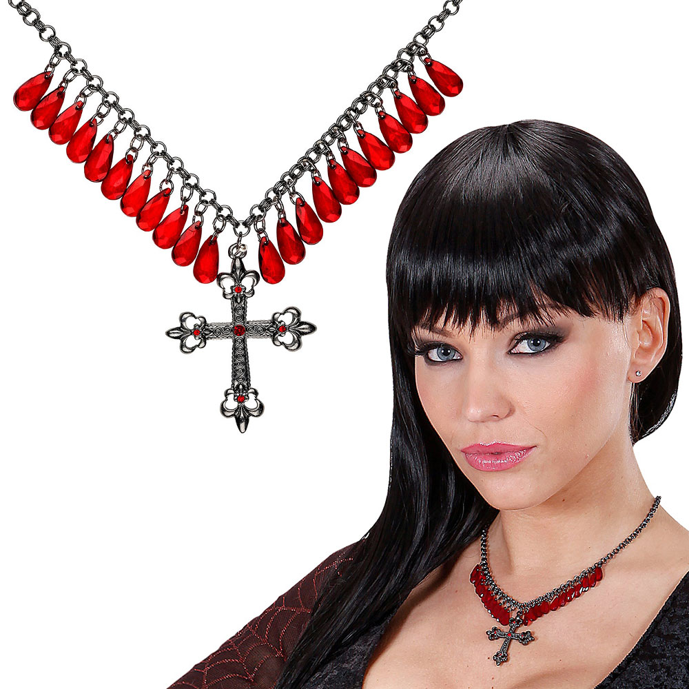 Röd Gothic Halsband med Kors | Tillbehör//Maskerad//Högtider//Smycken//Halloween//Maskeradteman//Religions Maskerad//Halloween kostymer//Accessoarer Maskerad//Halloween tillbehör//Vampyr maskerad | PartyOutlet