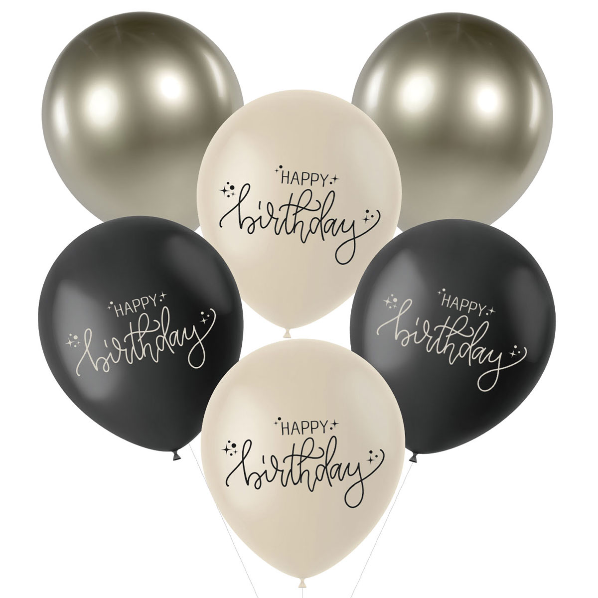 Latexballonger Happy Birthday Svart/Olivgrön/Krämvit 6-pack